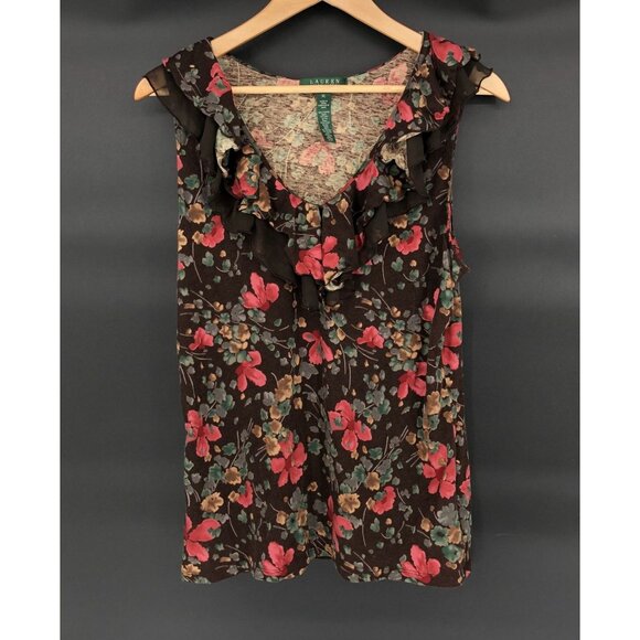Lauren Ralph Lauren Tops - Lauren Ralph Lauren Floral Sleeveless Ruffle Top Womens XL Brown Fairy V-Neck